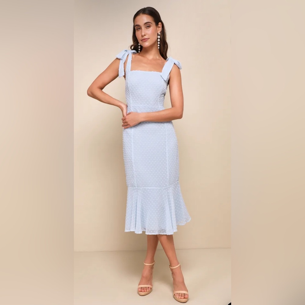 Lulu's Blue Ruffled Sheath Midi Dress for Wedding Guests